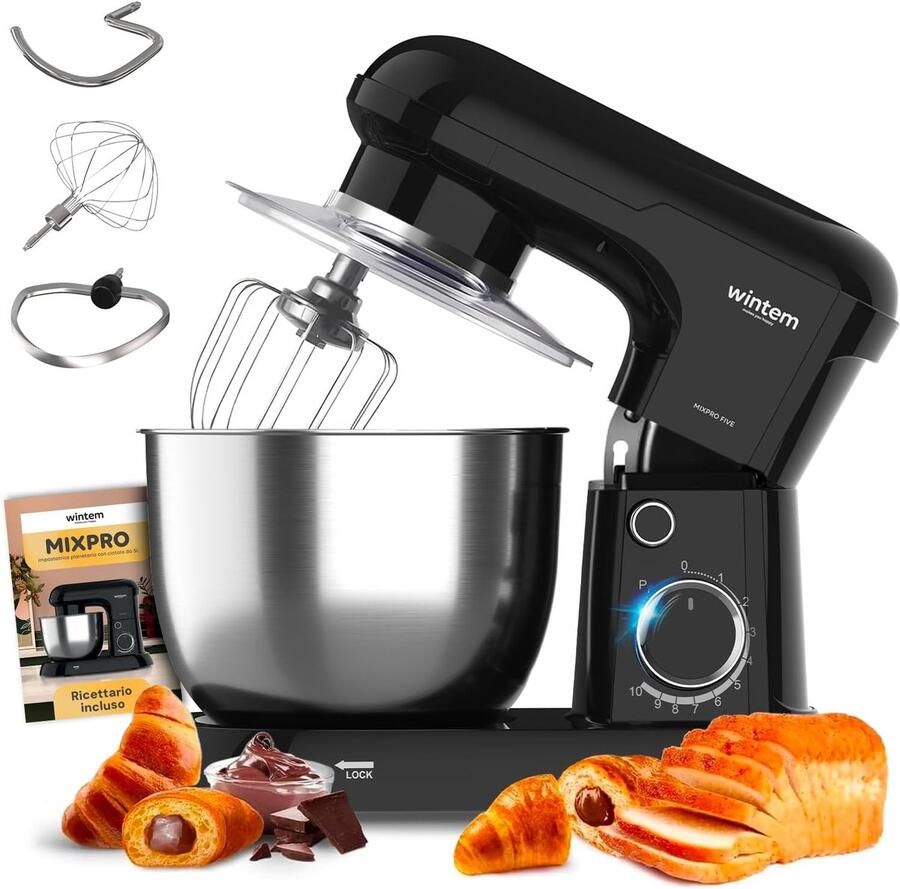 SnelShoppen Avilia Planetaria 1900 W Kneedmachine 6.5L Multifunctionele Keukenmachine Stil 6 Snelheden + Pulse 3 Accessoires voor Brood en Taart
