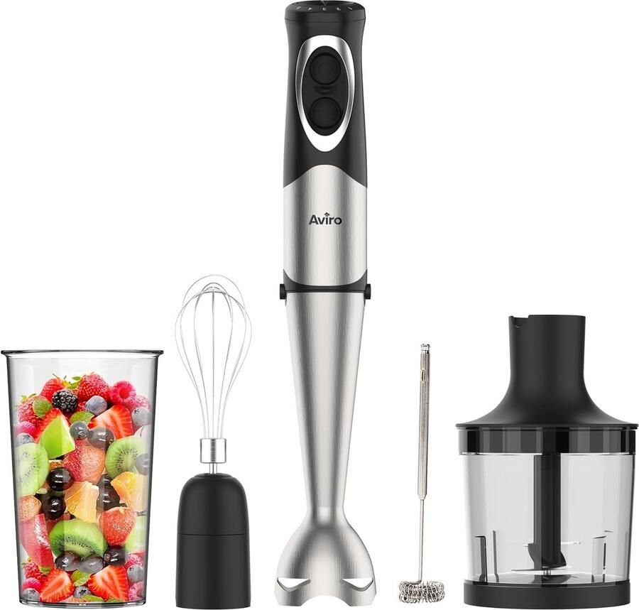 SnelShoppen Aviro 6-in-1 Staafmixer 1000 W met 20 Snelheden Hakken Melkopschuimen Garde Maatbeker Roestvrij Staal Keukenaccessoires voor Koken