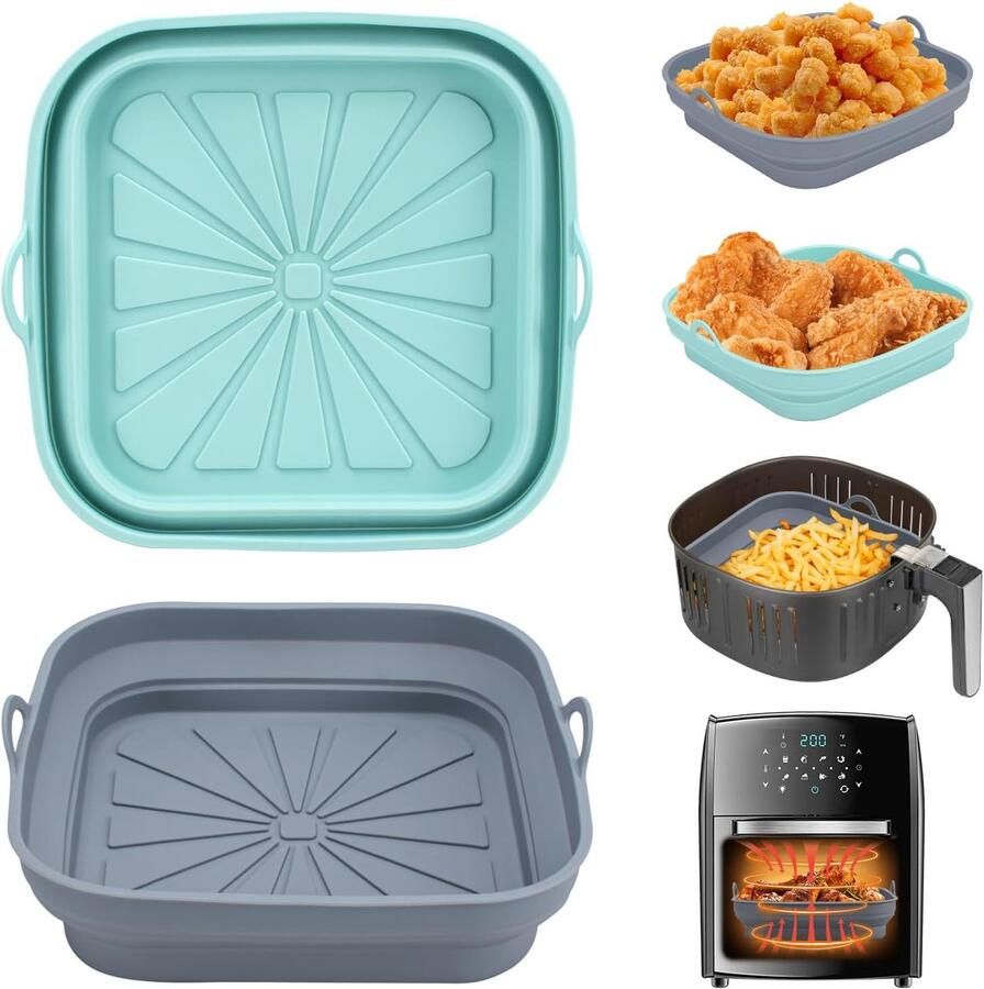 SnelShoppen Bakvormen voor Luchtfriteuse 2 Stuks Siliconen Bakvormen voor Airfryer en Magnetron Herbruikbare Vierkante Mand Lichtblauw en Grij