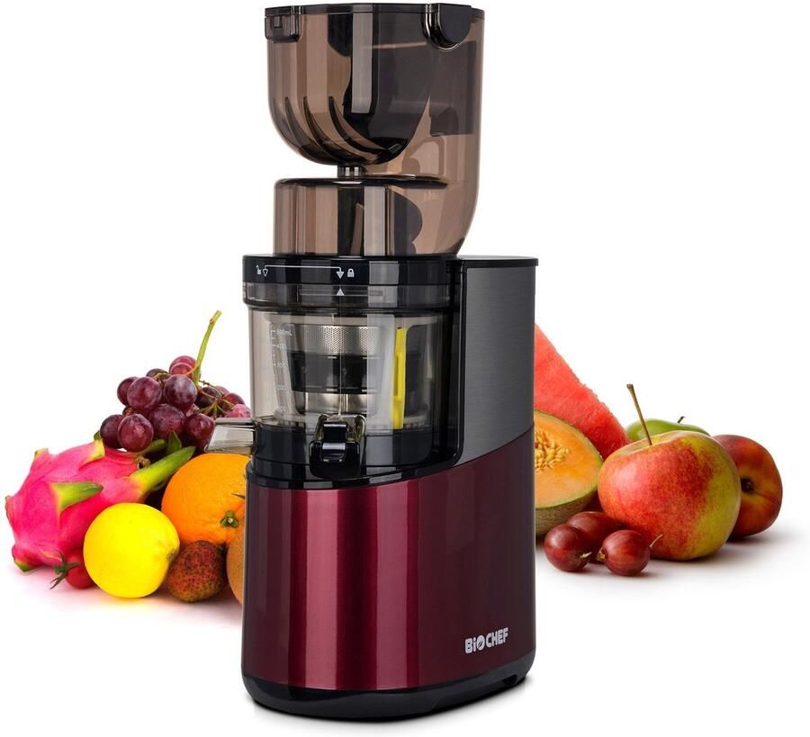 SnelShoppen BioChef Atlas Whole Slow Juicer Pro Sapcentrifuge Rood Koudpersen 400W BPA-vrij Vaatwasmachinebestendig Elegant Design Brede Voer