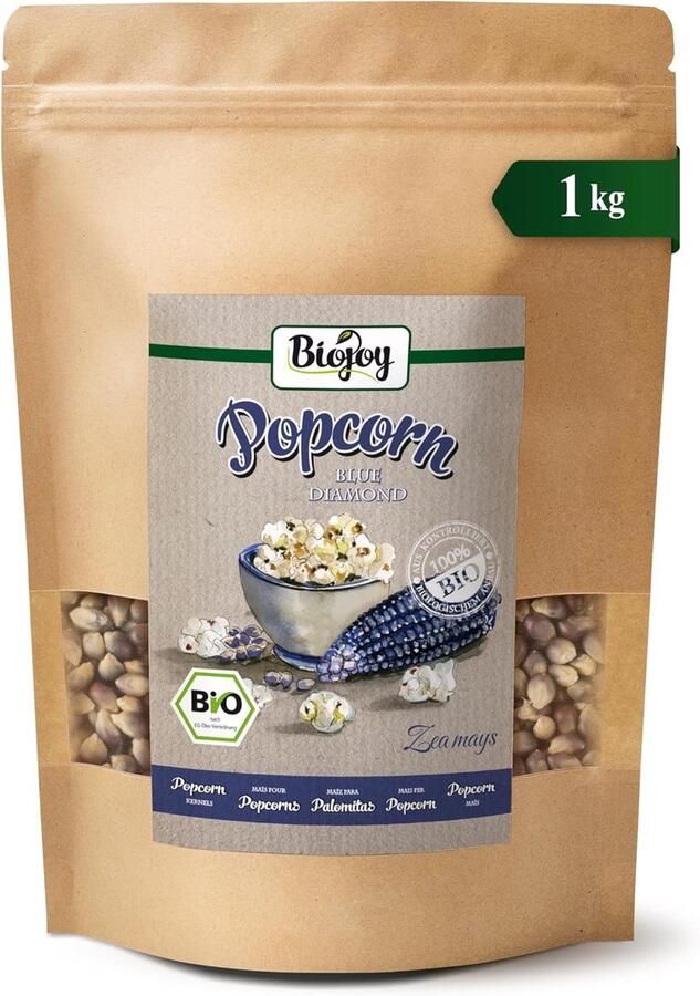 SnelShoppen Biojoy BIO-Popcorn maïs Blue Diamond 1 kg ongezoet en ongezouten biologische popcorn voor feest camping en kinderen