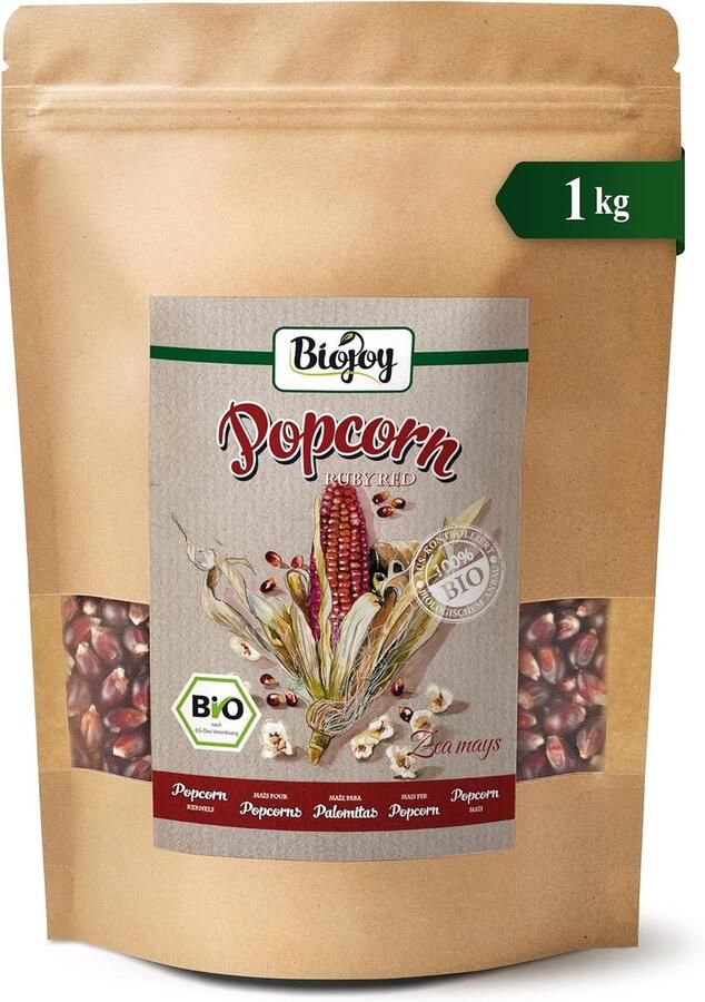 SnelShoppen Biojoy BIO-Popcorn maïs Ruby Red 1 kg ongezoet en ongezouten perfect voor feestjes filmavonden gezond snacken biologisch en vrij va