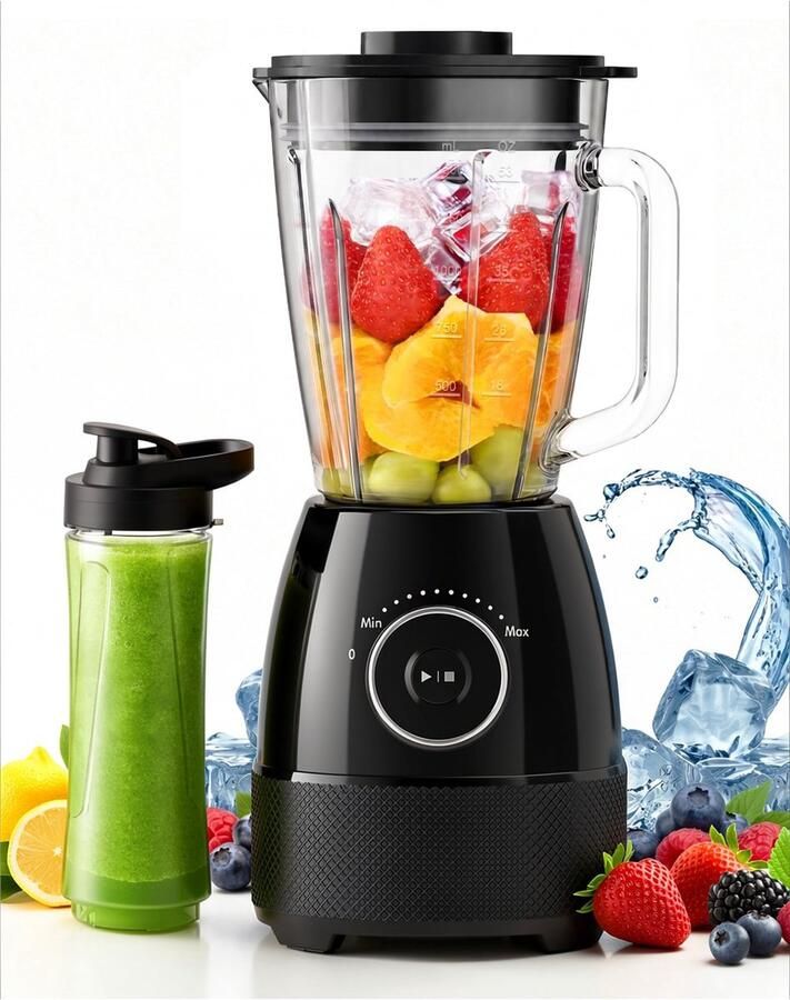 SnelShoppen Blender 1500 W Smoothie Blender met 24000 omw min 12 Snelheden 6 Roestvrijstalen Messen 1 5 L Glazen Kom & 600 ml BPA-vrije Sportfle