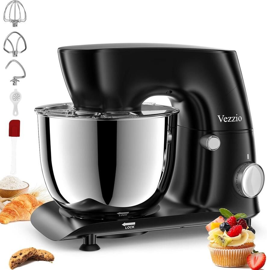SnelShoppen Blender 5.5 QT 10-Weg Kantelkop Keuken Mixer met RVS Kom Kneedhaak Garde Compact & Lichtgewicht Zwart voor Thuisgebruik