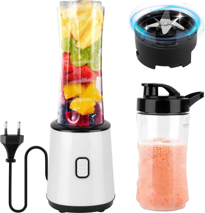 SnelShoppen Blender voor Smoothies Shake Mixer Elektrische Mixer 300W BPA-vrij 23.000 omw min Dubbel Glas Ontwerp met 600ml + 400ml Sportflesse