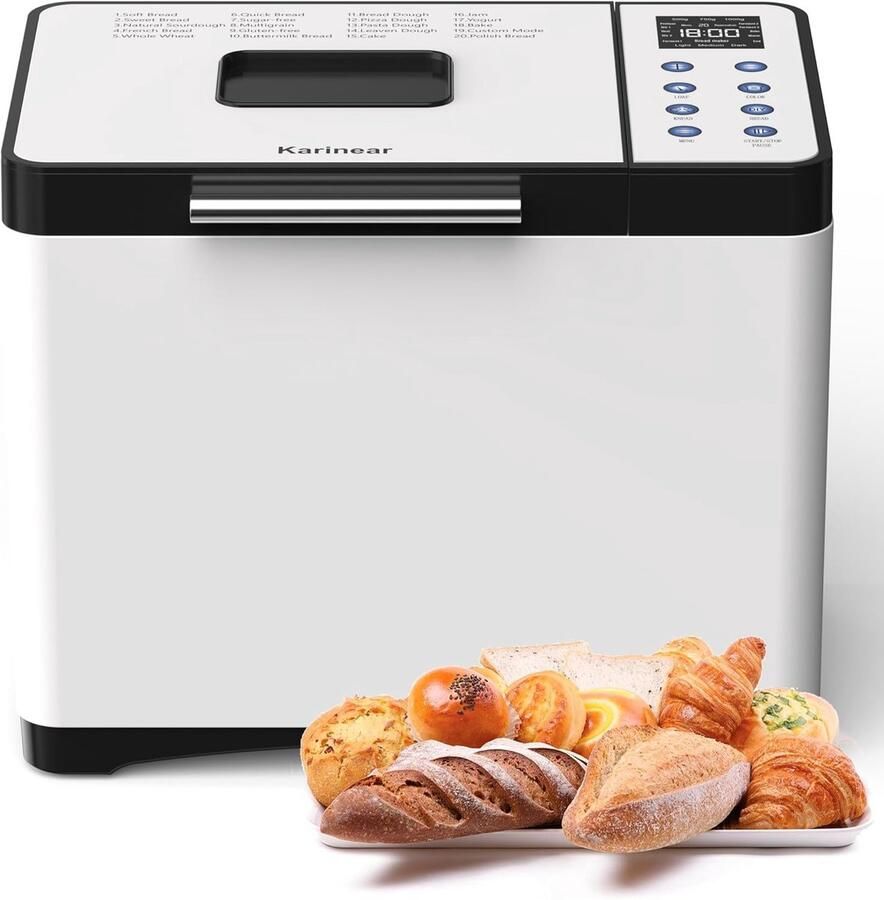 SnelShoppen Broodmaker 2LB 20 Programma's RVS 15 Uur Timer 3 Broodformaten en Korstkleuren Inclusief Warmtebestendige Handschoenen Wit