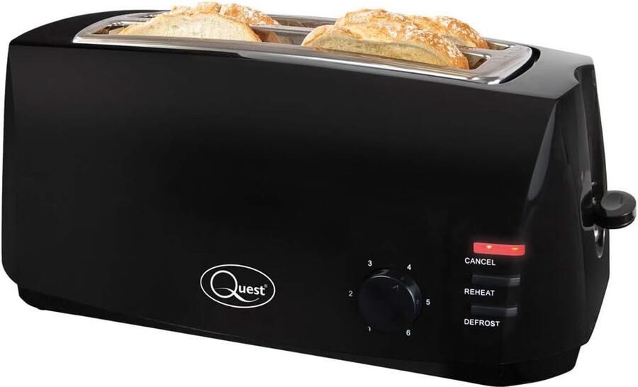 SnelShoppen Broodrooster 4 Sneden Zwart Extra Brede Lange Sleuven voor Crumpets en Bagels 6 Toaststanden Ontdooien en Opwarmen Functie