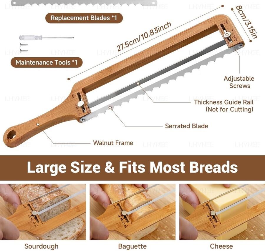 SnelShoppen Broodsnijder voor Zelfgemaakt Brood Zuurdeegbroodmes van Hout met Diktegeleiding Verstelbare Boogbroodsnijder voor Keuken Sandwich