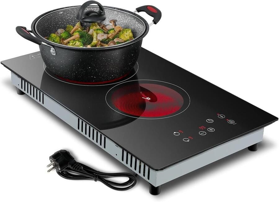 SnelShoppen Ceran Hob 2-Pits Ingebouwd Keramisch Kookplaat met Stekker Touch Control 3000 W 9 Kookniveaus Timer 1-99 min voor Keuken en Camping
