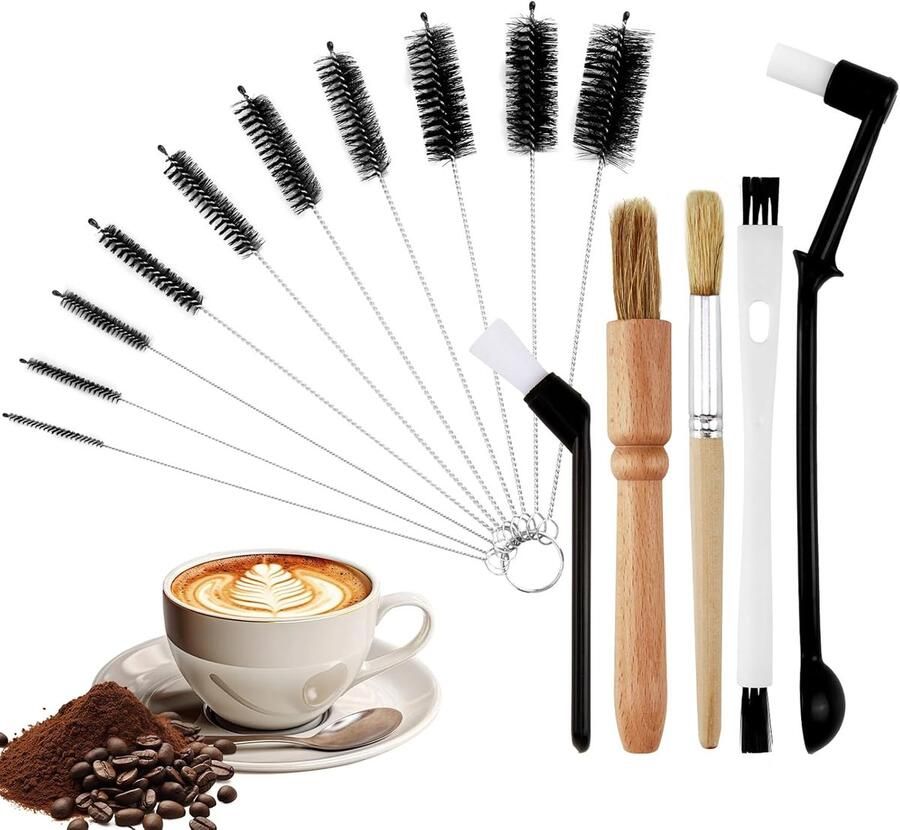 SnelShoppen Coffee Brushes Set 15-delige Barista Borstel Set voor Volautomatische Koffiemachines Houten Handvatten Maten en Types Id