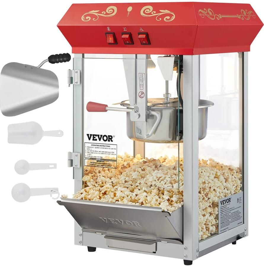 SnelShoppen Commerciële popcornmachine 8 oz 850 W aanrecht popcornmaker voor 48 kopjes per batch theaterstijl popper met stalen frame en gehard gl