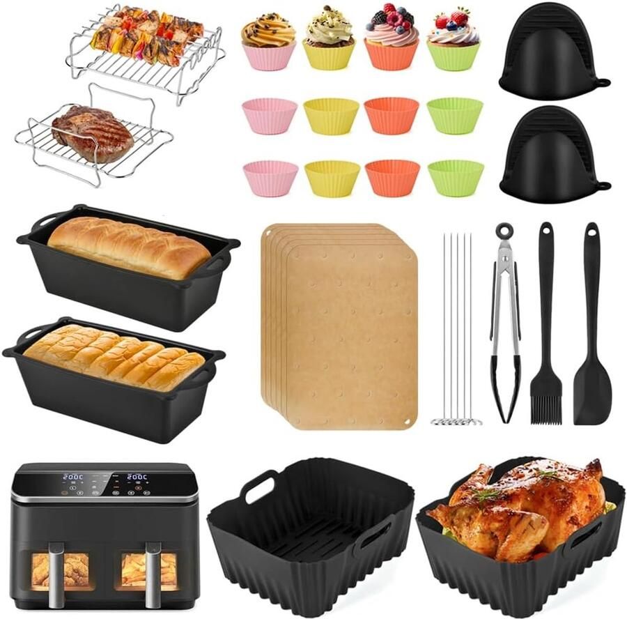 SnelShoppen Cosori Dual Blaze Airfryer Accessoireset 28 Stuks 8.5 L Herbruikbare Siliconen Mallen BPA Vrij Vaatwasbestendig Keuken Gadget