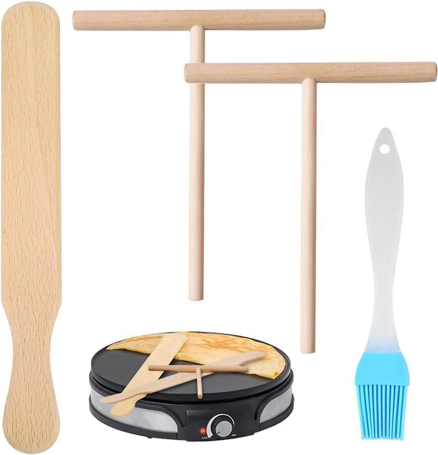 SnelShoppen Crepe Accessoires Set Pannenkoek Spatel van Beukenhout met 2 T-vormige Crepe Delers en Kwast Ideaal voor Crepe Liefhebbers Keuken