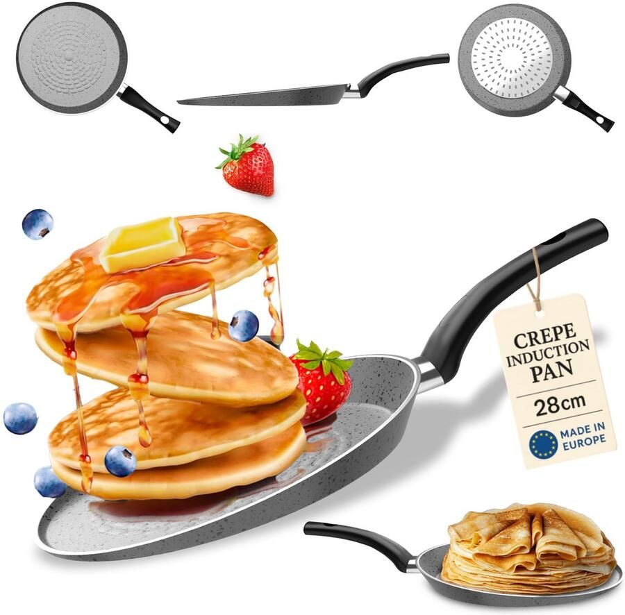 SnelShoppen Crepe pan 28 cm inductiekookpan met antiaanbaklaag voor pannenkoeken ideaal voor keuken feest camping en kinderen