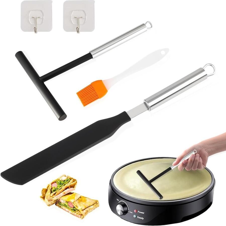 SnelShoppen Crepe Rateau Pancake Set 19.5 cm RVS 304 Crepe Verdeler met Spatel Oliekwast en Haakjes Keuken Bakgerei voor Perfecte Pannenkoeken