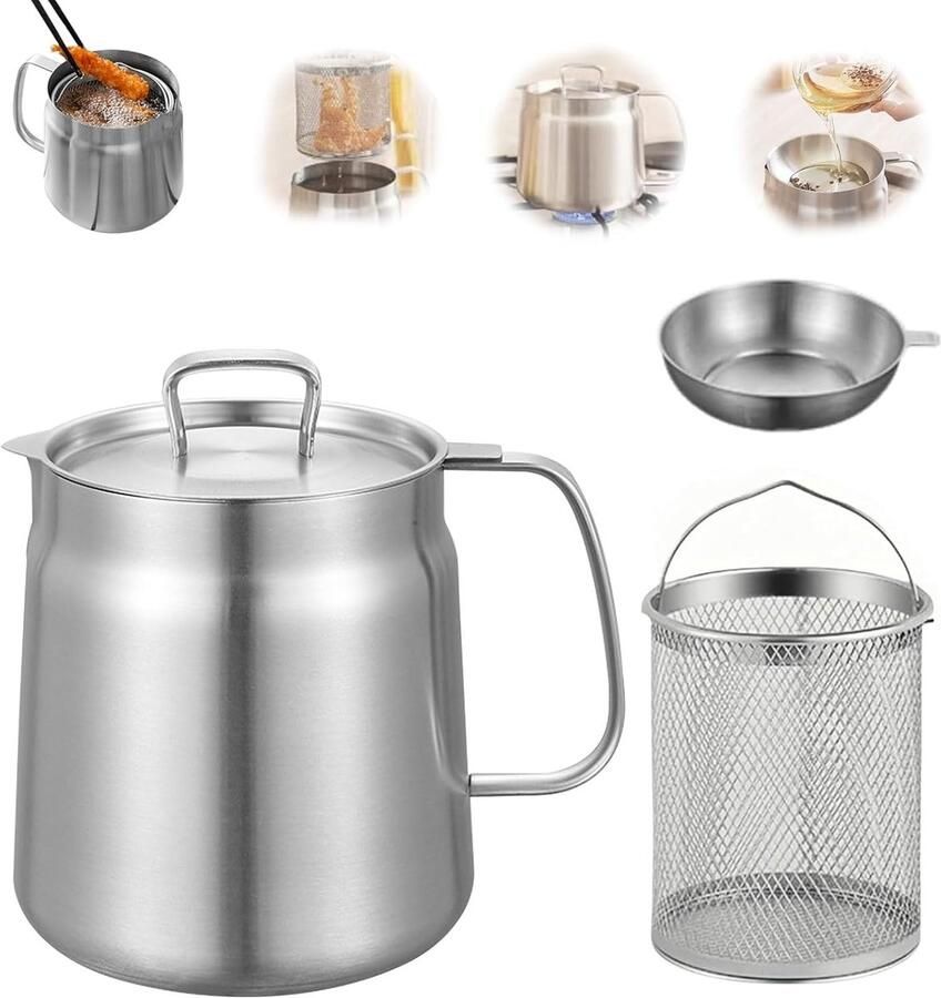 SnelShoppen Diepfriteuse 2 Liter RVS Frituurpan met Zeef Multi-Functionele Frituurpan voor het Opslaan van Kookolie en Vetten Keuken Feest Camp
