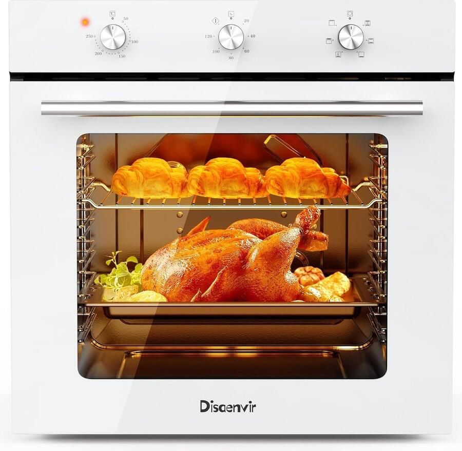 SnelShoppen Disaenvir Inbouwoven 60 cm Vrijstaand 6 Functies met Draaiknopbediening Timer en Grill 2200 W Wit Perfect voor Keuken en Bakken