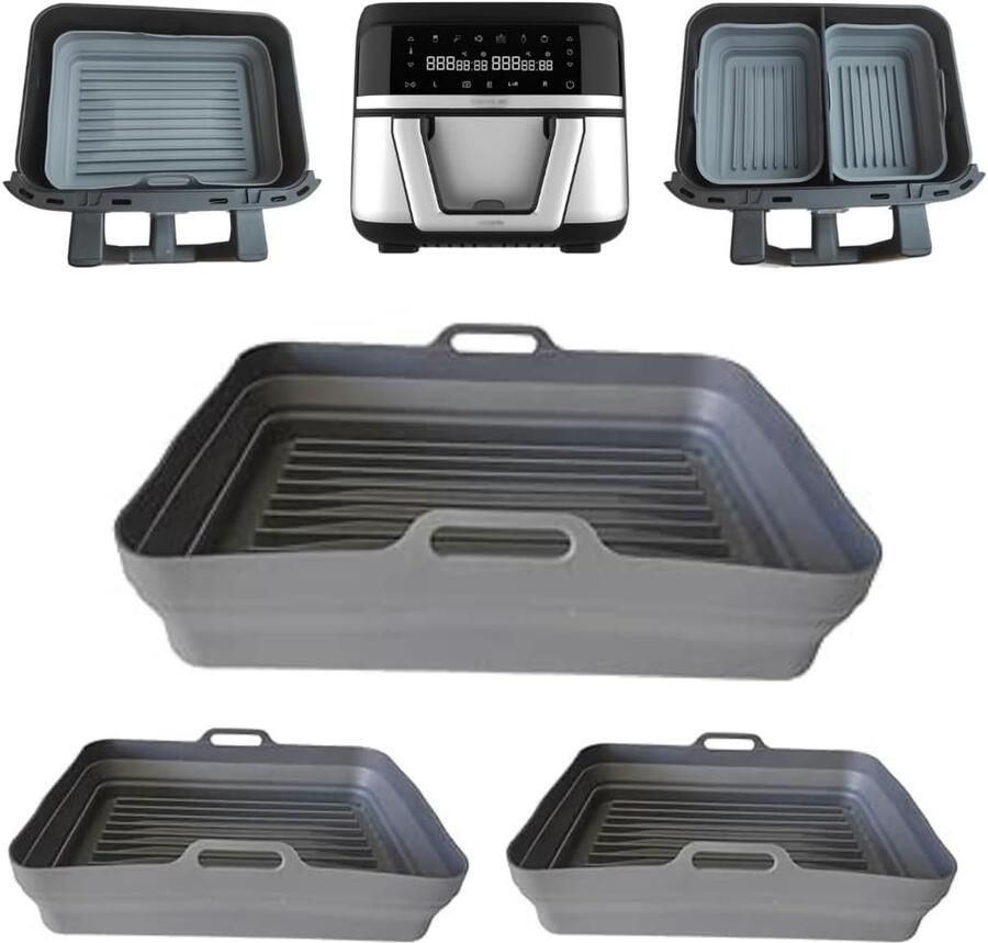 SnelShoppen Double Basket Air Fryer Moulds Set 1x 9L Silicone Bakvorm & 2x 4.5L Vouwbare Mallen Antiaanbak Coating Perfect voor Airfryer en Ba