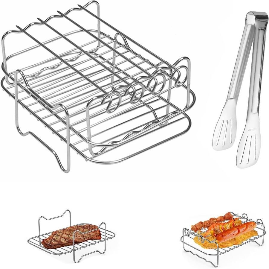 SnelShoppen Double Layer Grill Set Dubbele Laag Bakrooster met 4 Grillstokken en 1 Voedselclip voor Airfryer Koken Bakken Keuken Accessoires