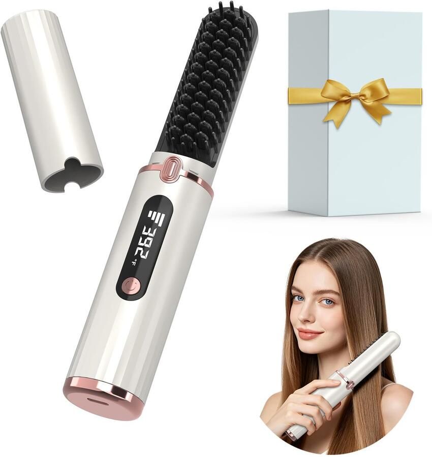 SnelShoppen Draadloze Stylingborstel 25 Sec. Opwarmen 4 Temperatuurniveaus Oplaadbare Haarborstel voor Alle Haartypes Draagbaar en Verzorgen