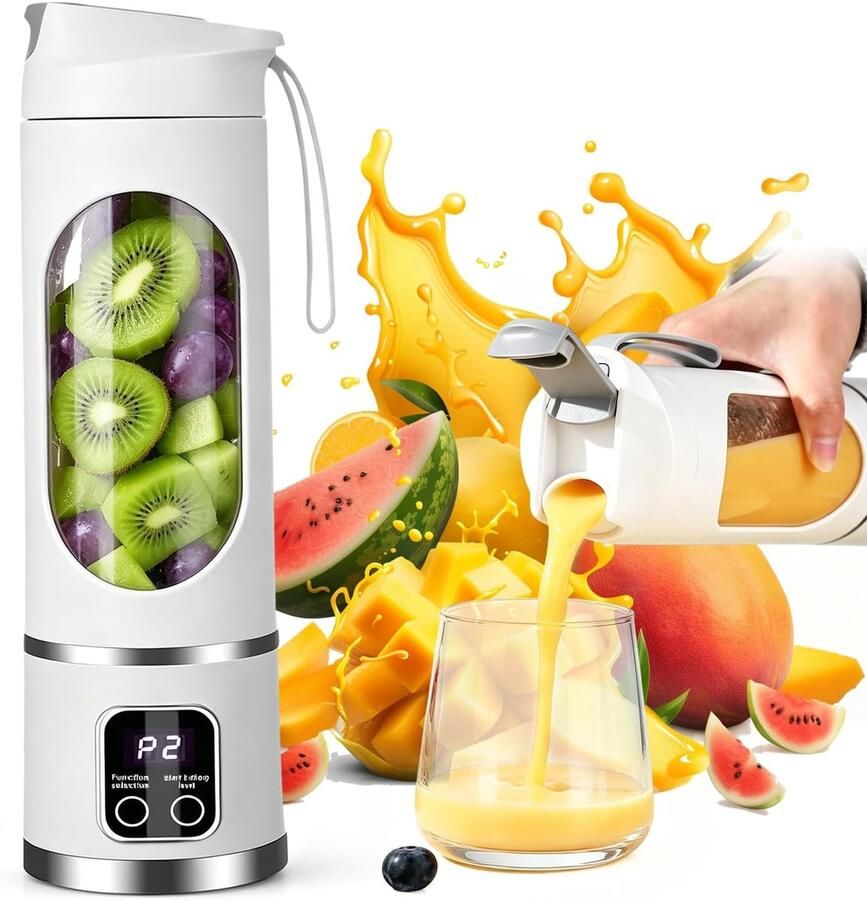 SnelShoppen Draagbare Blender Smoothie Maker 450 ml Oplaadbaar Mini-Mixer To Go met LED-Display 12 Messen BPA-vrij Ideaal voor Milkshake Sap en