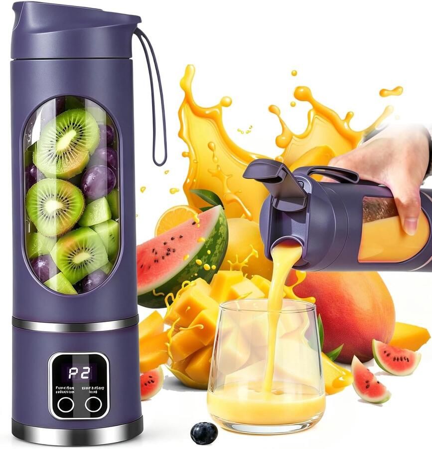 SnelShoppen Draagbare Blender Smoothie Maker 450 ml Oplaadbare Mini-Mixer To Go met LED-Display 12 Messen Ideaal voor Milkshake Sap en Smoothie