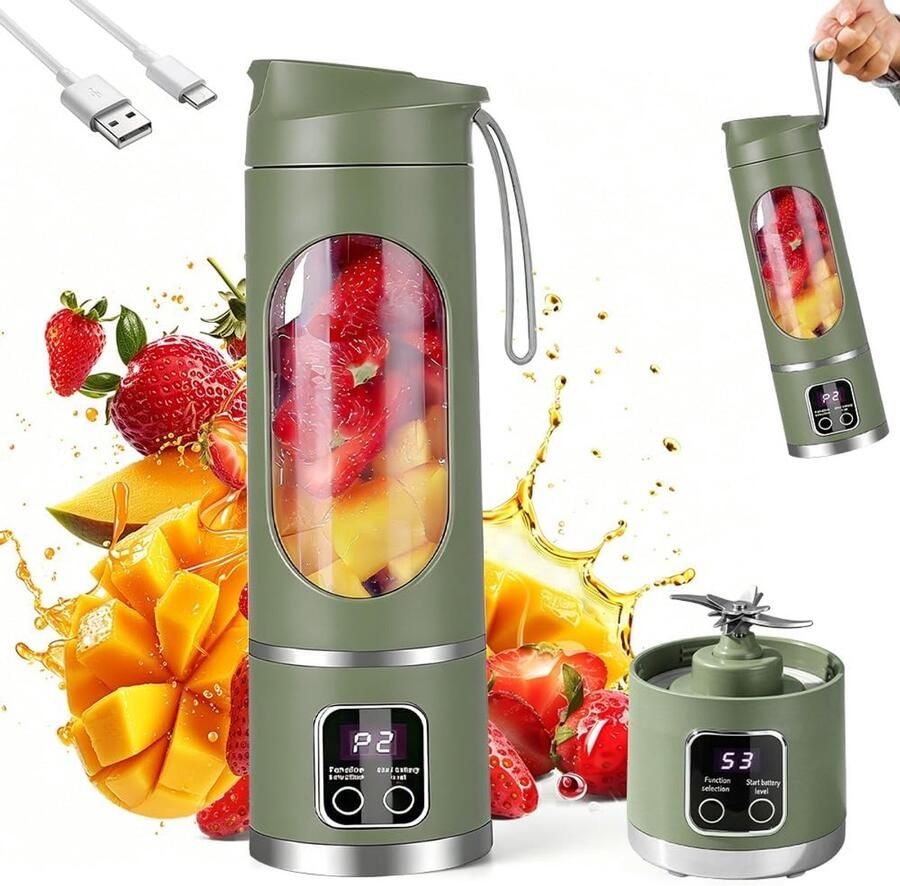SnelShoppen Draagbare Blender Smoothie Maker To Go 450 ml Oplaadbare Mini Mixer met LED Display 12 RVS Messen voor Shakes en Smoothies Olive Gree