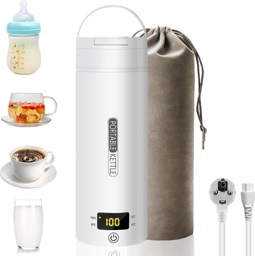SnelShoppen Draagbare Elektrische Reiswaterkoker 500ml 300W Mini Waterkoker RVS 316 Wit Perfect voor Camping en Reizen