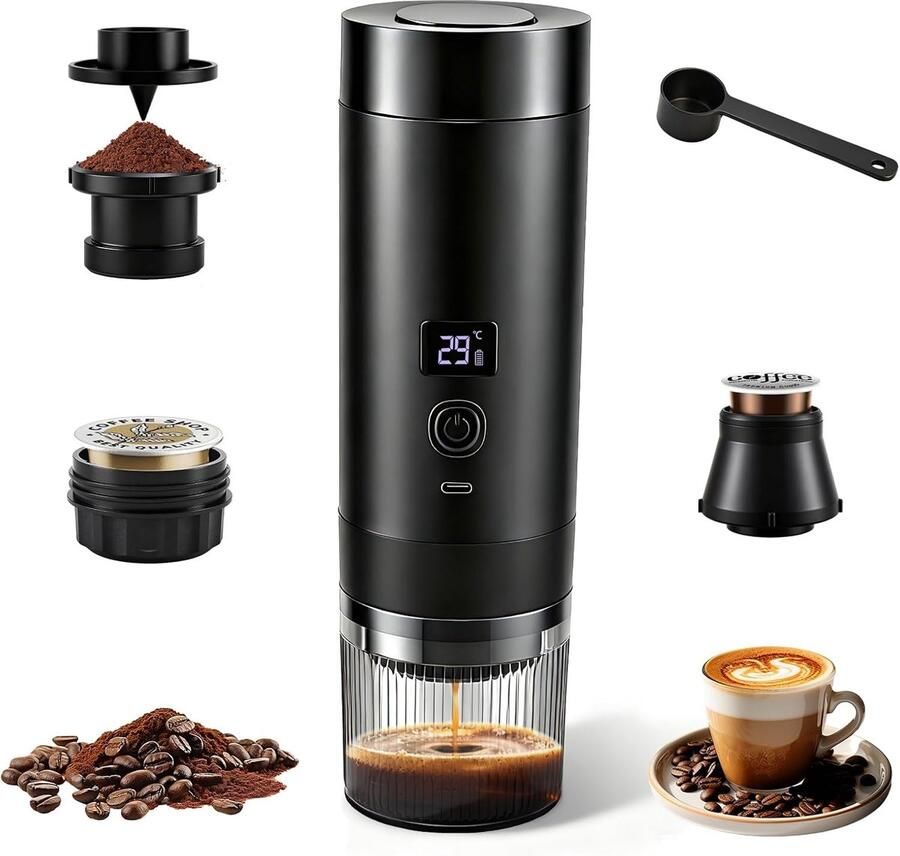 SnelShoppen Draagbare Espressomachine Klein 20 Bar 3-in-1 Mini Koffiemachine voor Cups & Maling Accu 7800mAh USB-C Mobiele Koffiemachine voor Cam