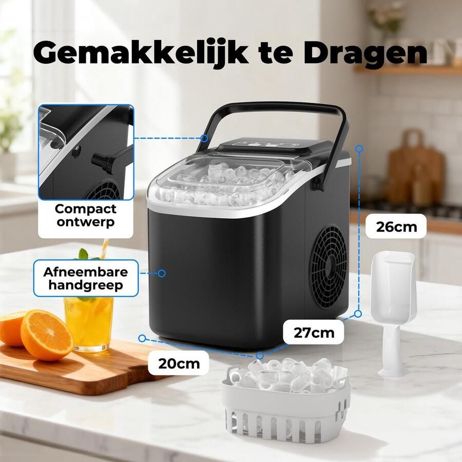 SnelShoppen Draagbare ijsmachine voor het huishouden 12 kg 24 uur zelfreinigend 1 2 l tank 6-8 min voor 8 ijsblokjes 2 ijsmaten (S L) zwart i