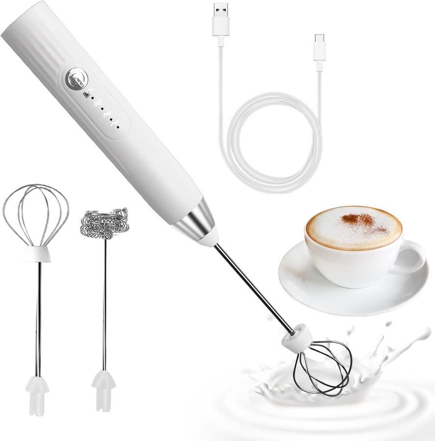 SnelShoppen Draagbare Melkopschuimer met 2 Koppen USB Oplaadbaar Elektrisch met 3 Snelheden Garde voor Koffie Cappuccino Warme Chocolademelk