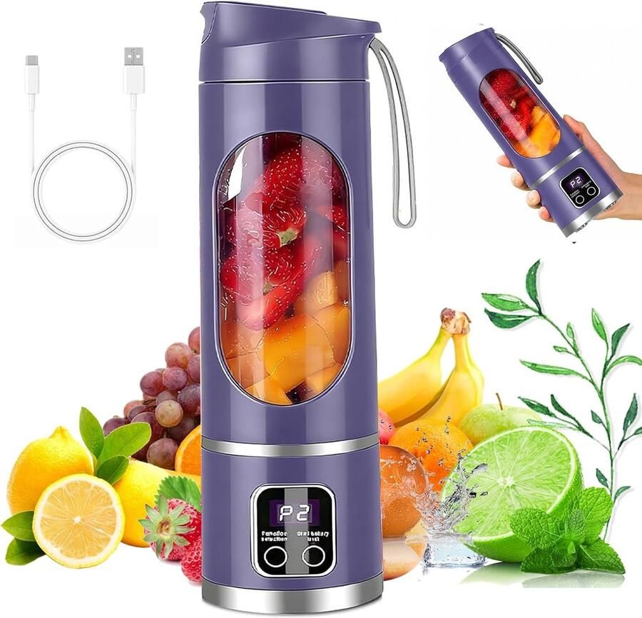 SnelShoppen Draagbare Mini-Mixer met LED-Display 450 ml Smoothie Maker 12 Roestvrijstalen Messen Oplaadbare Type C Blender voor Shakes Fruitdran