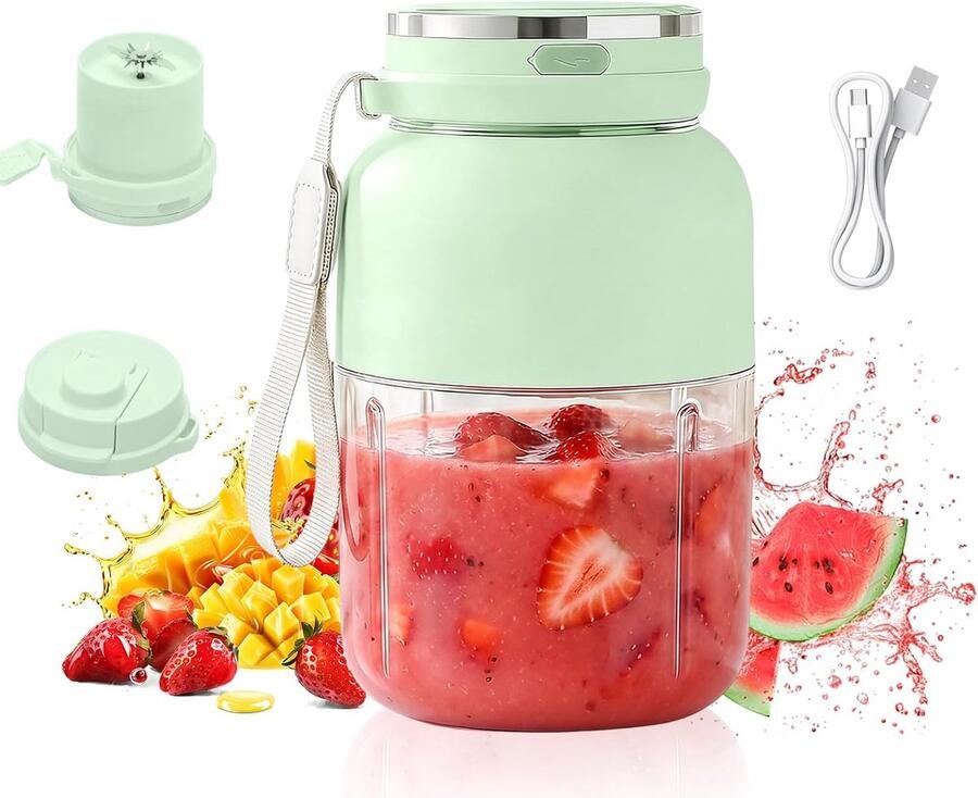 SnelShoppen Draagbare Mixer 1300 ml Smoothie Maker to Go Lekvrij Deksel Draadloos en Oplaadbaar Fitness Kantoor en Reizen Groene Blender