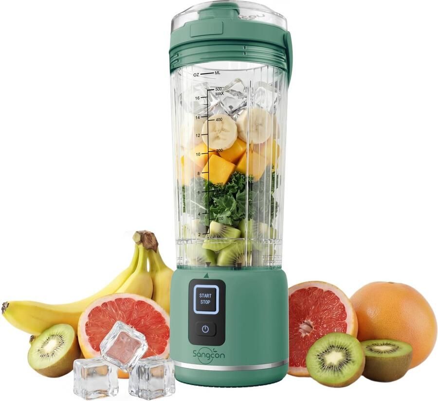SnelShoppen Draagbare mixer 500 ml USB-oplaadbare smoothiemaker mini-blender met 6 messen 2 modi ijs- en fruitvermaler groen voor fitness camp