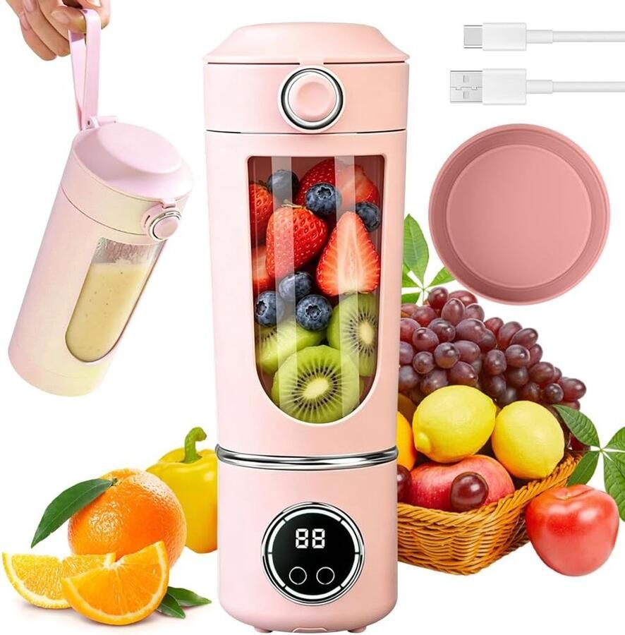 SnelShoppen Draagbare Mixer 700 ml Oplaadbare Mini-Mixer met Digitaal Display Roze Voor Milkshakes Smoothies Fruit en Groenten Ideaal voor Spo
