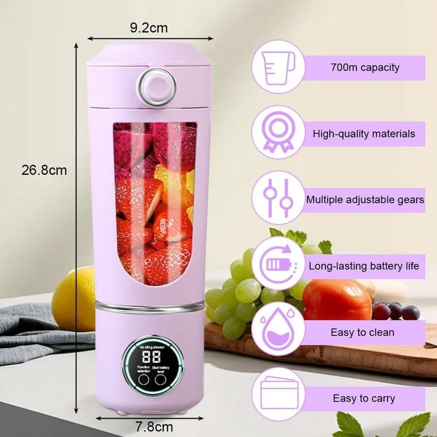 SnelShoppen Draagbare Mixer 700ml Mini Blender met 12 RVS Messen en Digitale Display Oplaadbare Smoothie Maker voor Thuis Fitness en Reizen (Paar
