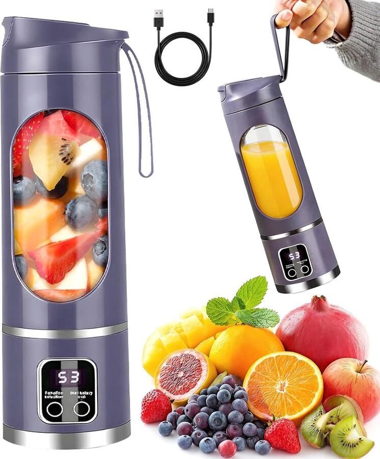 SnelShoppen Draagbare mixer smoothie maker to go 450 ml Mini blender met 12 messen en LED-display Oplaadbare shakes en smoothie-maker voor reize