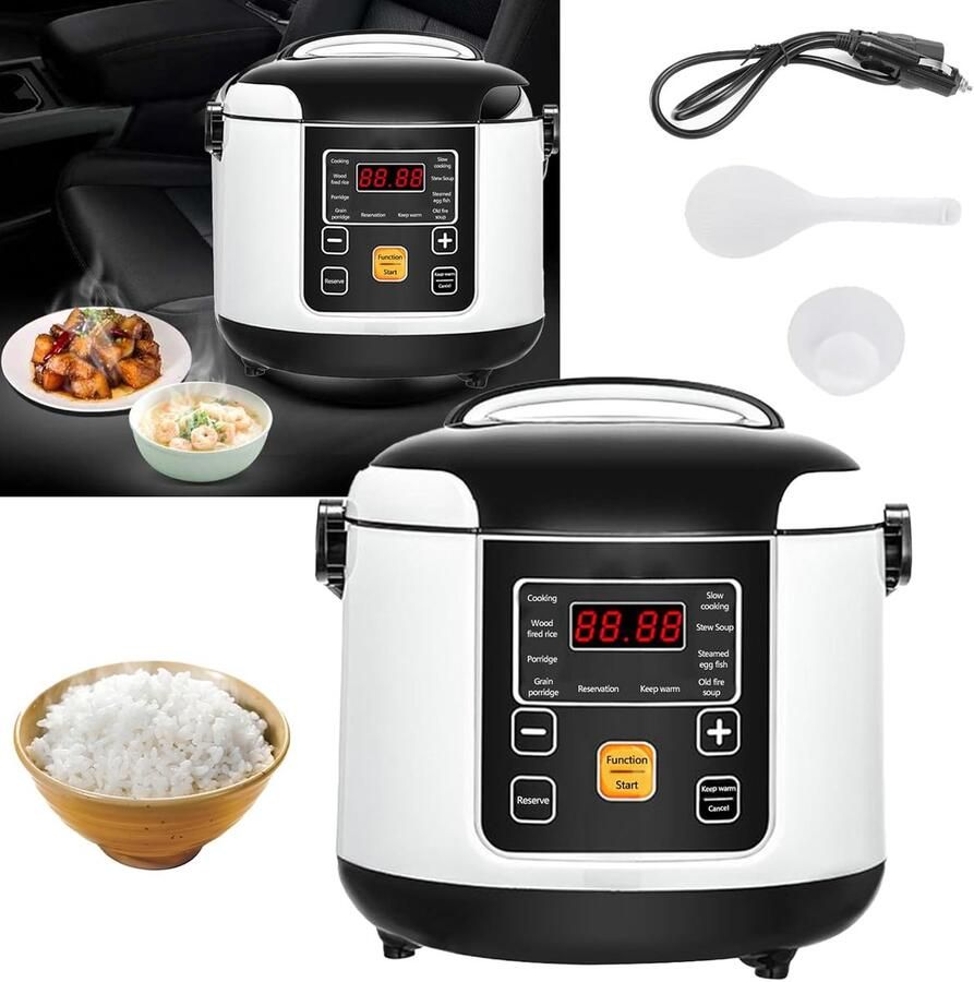 SnelShoppen Draagbare Rijstkoker voor Auto 200 W 12V 24V Inhoud 2L Ideaal voor Koken van Rijst Pap en Soep tijdens Reis Voedselveilig PP Compac