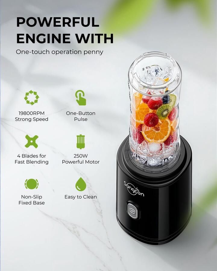 SnelShoppen Draagbare Sportblender Smoothie Maker Elektrische Mixer met 2 BPA-vrije 600 ml Tritan To Go-fles 4 Messen Pulse-knop Zwart Perfect