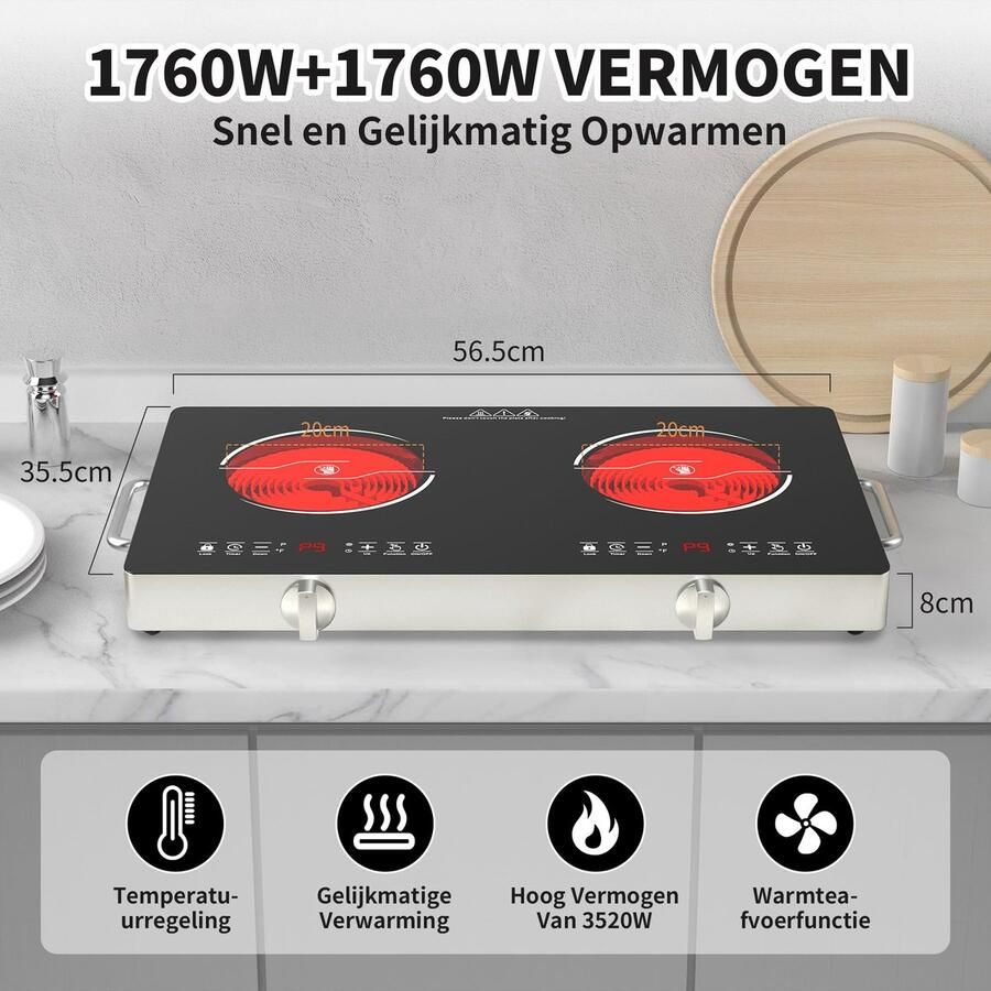 SnelShoppen Dubbele Elektrische Kookplaat 220V 3520W Keramische Kookplaat met Handgreep 9 Vermogensstanden Kinderveiligheidsslot Timer Draaiknop