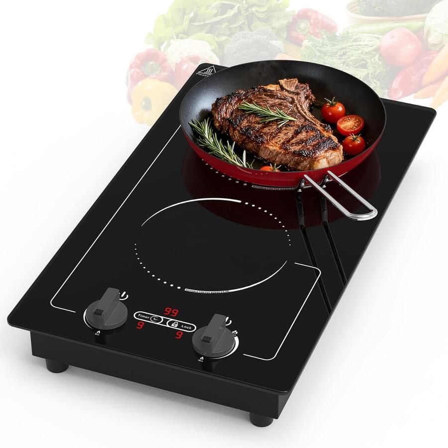 SnelShoppen Dubbele Inductiekookplaat 3000W 2-Pits Inductiekoker met Rotatieknoppen 9 Vermogensniveaus 99-Minuten Timer Kinderbeveiliging en LED
