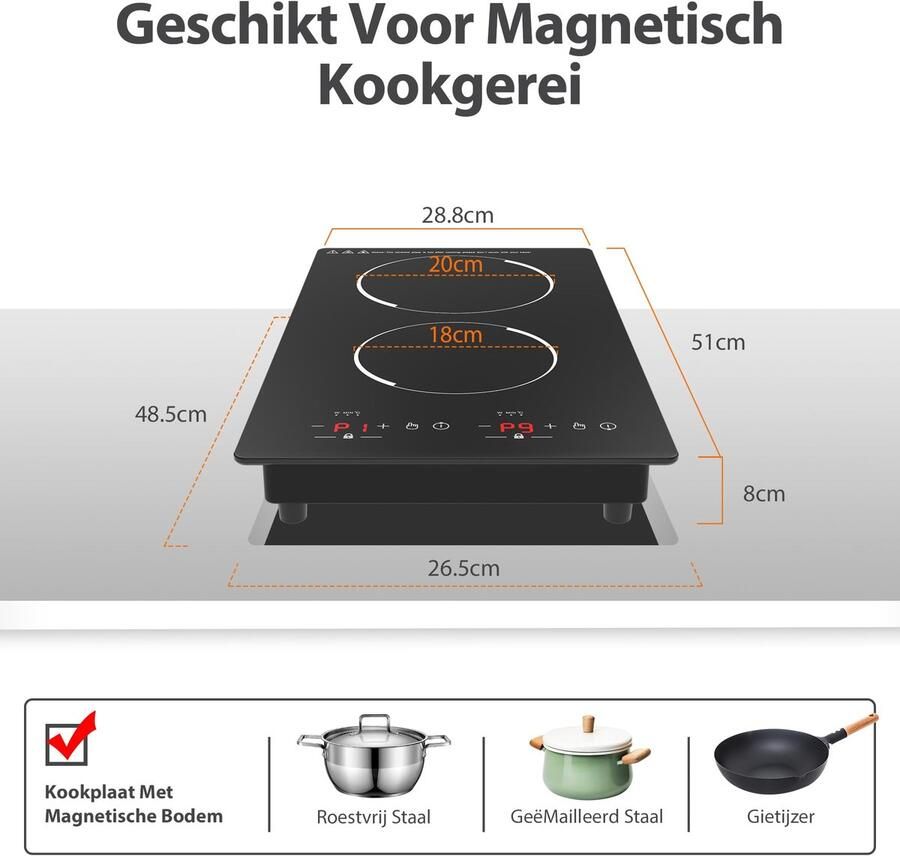 SnelShoppen Dubbele Inductiekookplaat 3000W Draagbare Kookplaat met LED-touchscreen 9 Vermogensniveaus 120 Minuten Timer & Veiligheidsslot Zwart