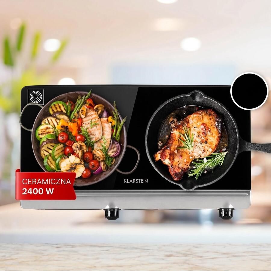 SnelShoppen Dubbele Kookplaat 2400W Infrarood Glaskeramiek Mobiele Kookplaat 2 x 18 cm Kookzones 5 Temperatuurniveaus Oververhittingsbeveiliging Zil