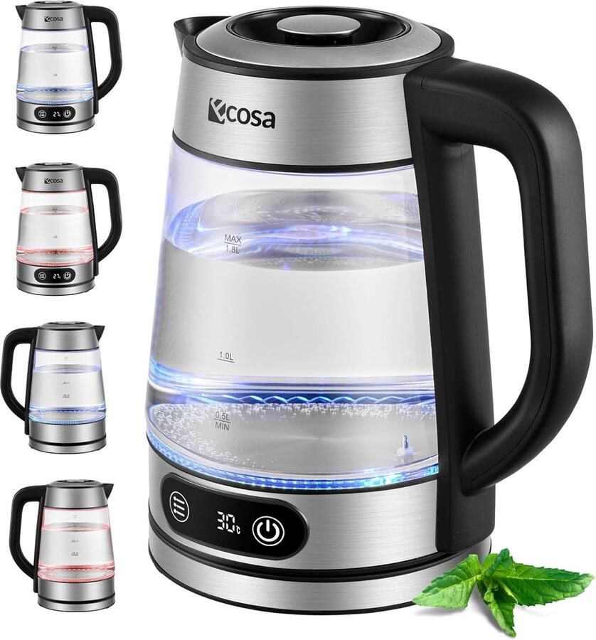 SnelShoppen Ecosa Waterkoker van Glas met Temperatuurregeling 1 8L 2200W Roestvrij Staal BPA-vrij Warmhoudfunctie LED-verlichting Idea