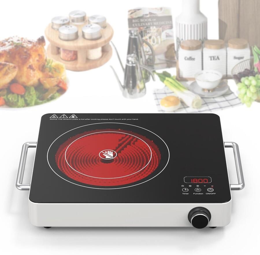 SnelShoppen Elektrisch Fornuis 110V Touch Knop 1800W Enkele Brander met Handgreep 9 Standen Kinderbeveiliging en 4-Uurs Timer Inductiekookplaat vo