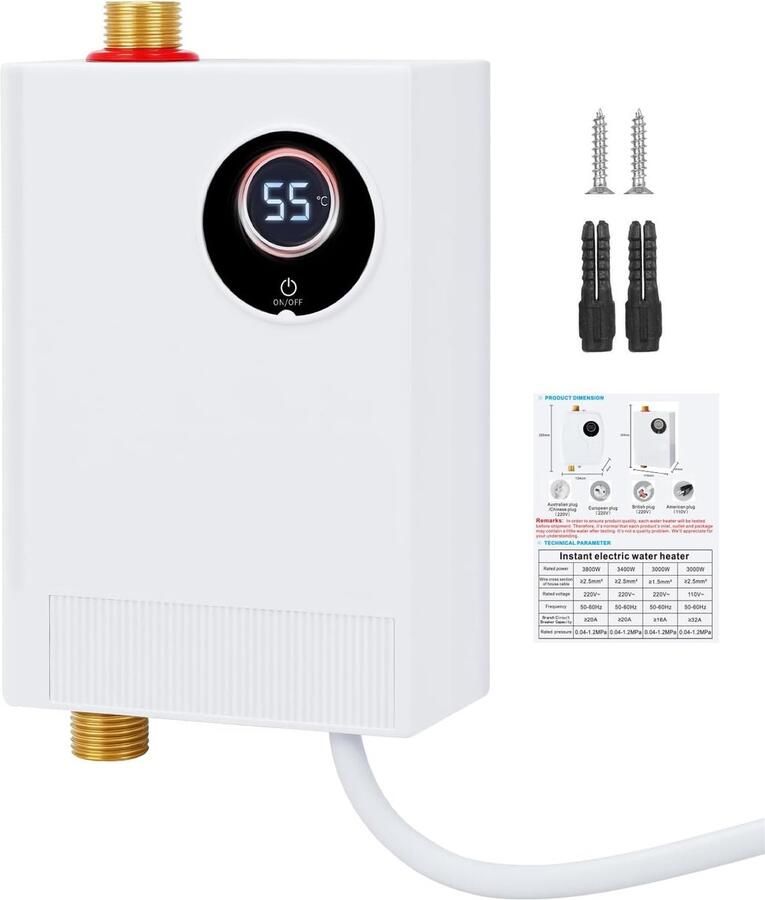 SnelShoppen Elektrische Doorstroom Waterkoker 3800W Tankloos Mini Water Heater met LED Temperatuurweergave voor Keuken 220V Direct Warm Water