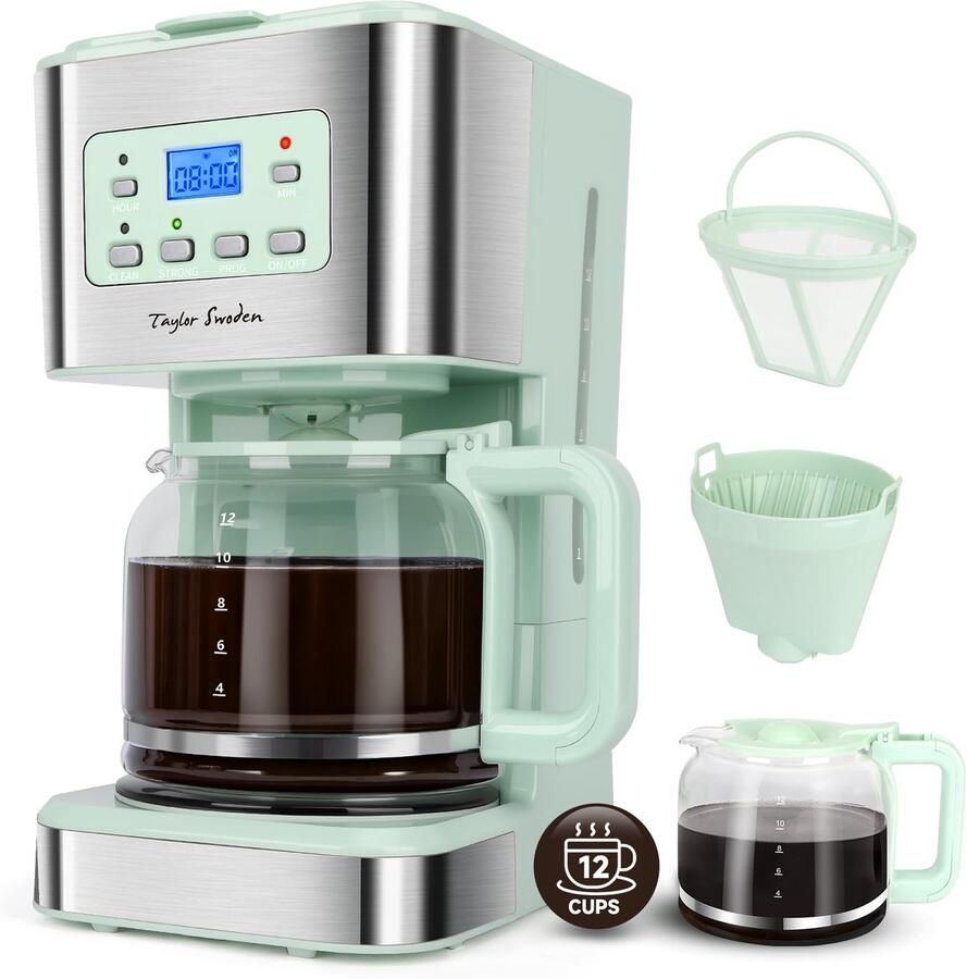 SnelShoppen Elektrische Filterkoffiezetter 1.5L Groen Programmeerbaar LCD Display 40 Min Warmhouden Anti-Druppel BPA-Vrij 950W Voor Thuis en