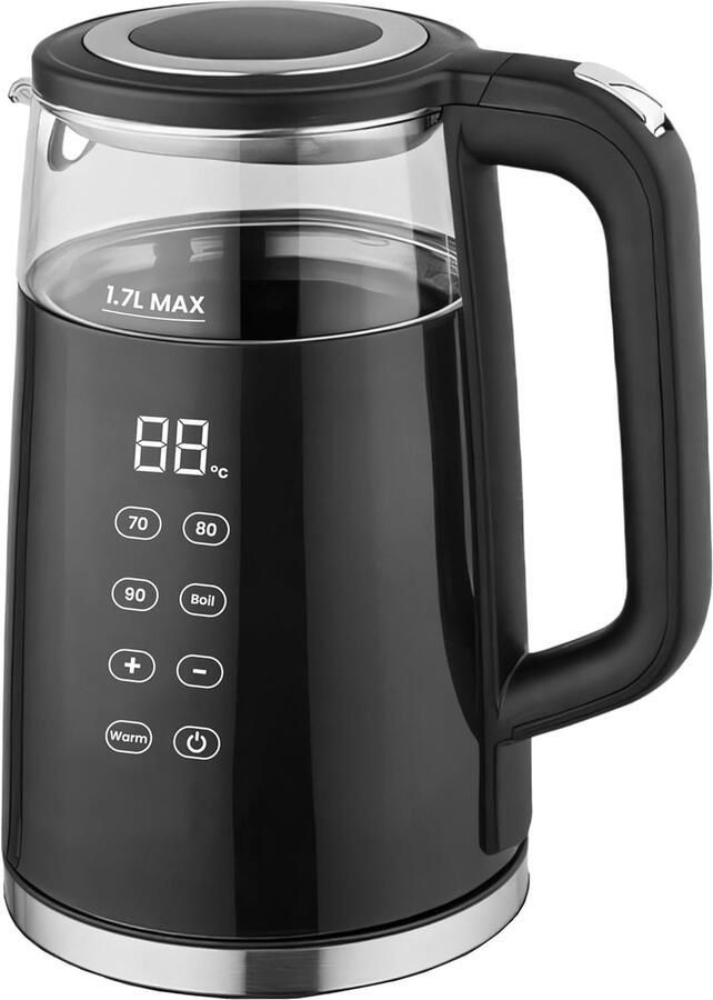 SnelShoppen Elektrische Glazen Waterkoker 1.7L 2200W met Temperatuurinstelling 70-100°C Touch Display Warmhoudfunctie 360° Basis BPA-vrij Stil