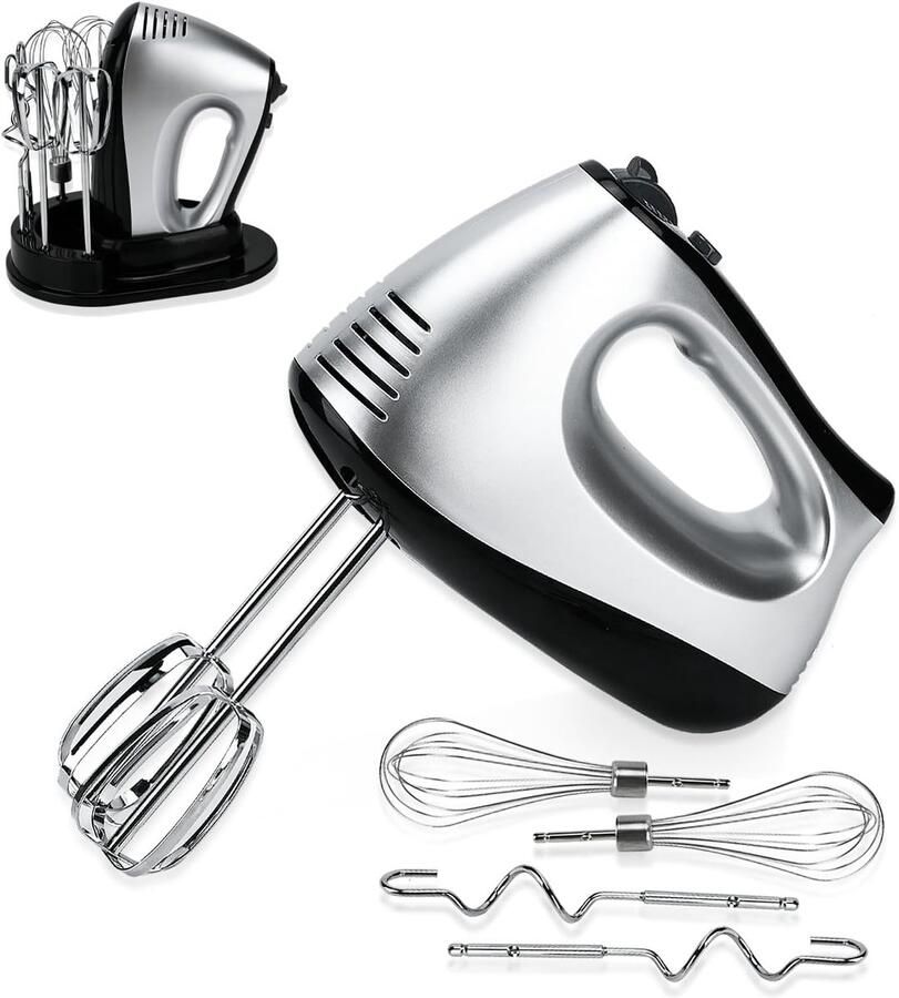 SnelShoppen Elektrische Handmixer met 5 Snelheden en Turbo Knop Anti-Spat Garde 300W Inclusief 6 RVS Opzetstukken Perfect voor Bakken in de Keuk