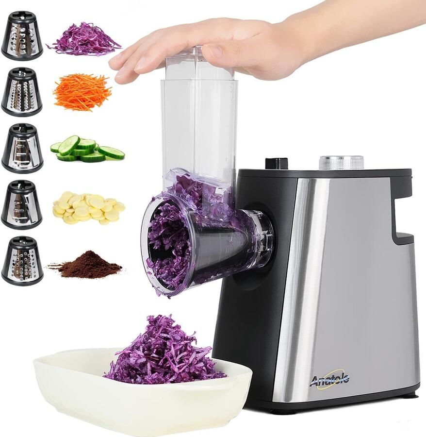 SnelShoppen Elektrische Kaasrasp Versnipperaar 250W Roestvrij Staal Automatische Groentehakselaar Professionele Salademaker Keukenmachine met 5 Mess